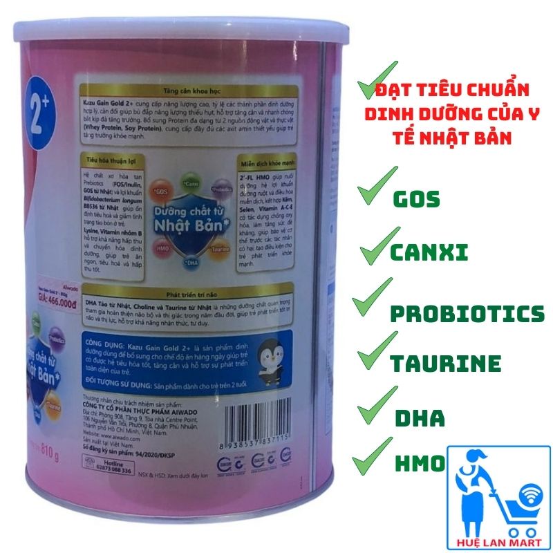 Sữa Bột Aiwdo Kazu gold gain tăng cân chuẩn, tiêu hóa tốt số 2+ hộp 810g