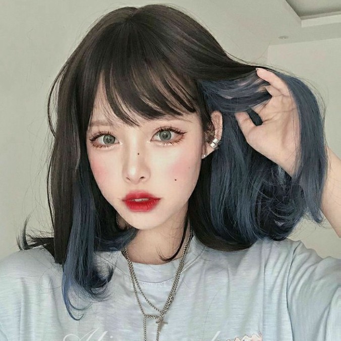 [Sẵn] Wig teen/lolita/cosplay M05 nâu pha xanh khói hai lớp (tóc giả nguyên đầu cúp ngang vai) tại MIU SHOP 09