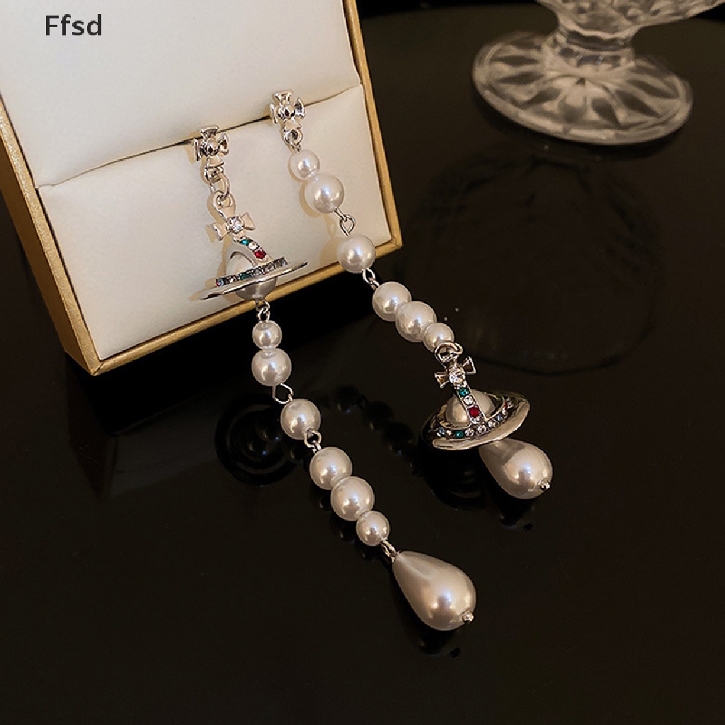 {Ffsd} Khuyên Tai Dáng Dài Tua Rua Đính Ngọc Trai Nhân Tạo Hình Nón Chéo Nhiều Màu Sắc * Hot