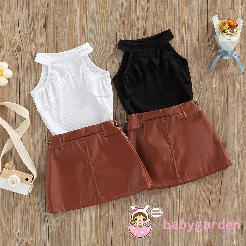 BABYGARDEN 6 Months-5 Years Baby Girls Set, Solid Color Round Neck Sleeveless Ribbed Tops+ Leather Skirt for Summer