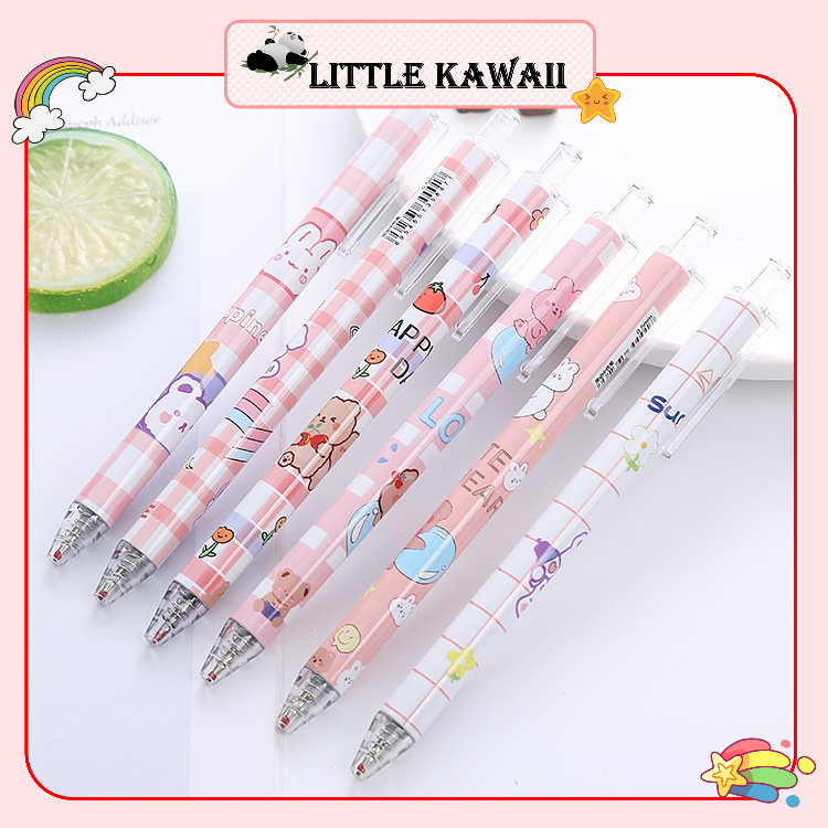 Set 6 bút gel bấm mực đen ngòi 0,5mm họa tiết hoạt hình dễ thương