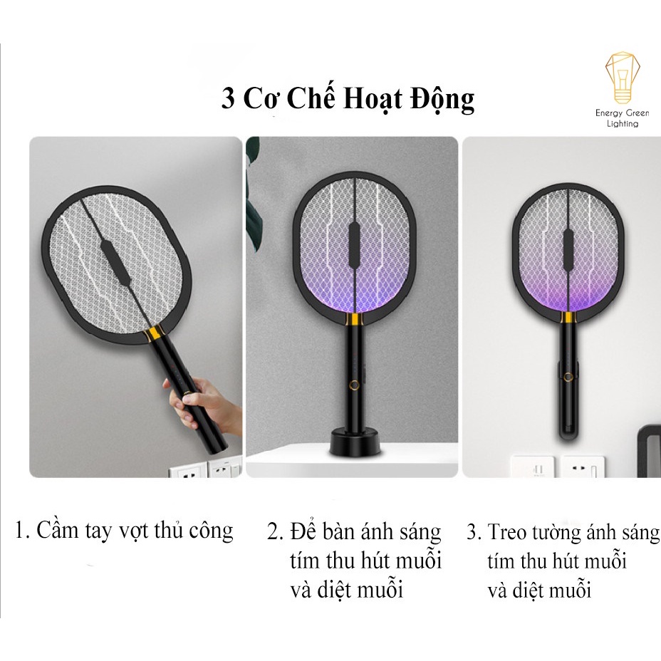 [PIN TRÂU] Vợt Bắt Muỗi Energy Green Lighting  XQN-898 Kiêm Đèn Thu Hút Muỗi , Diệt Muỗi Để Bàn , Treo Tường Tiện Lợi