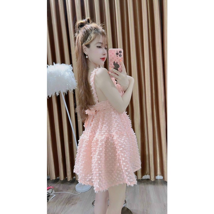 Đầm Thời Trang Nữ- Đầm Xốp Lông Ô Vuông 2 Dây Xoè Cột Nơ Ngay Dây Ngực, Váy Xoè Dễ Thương