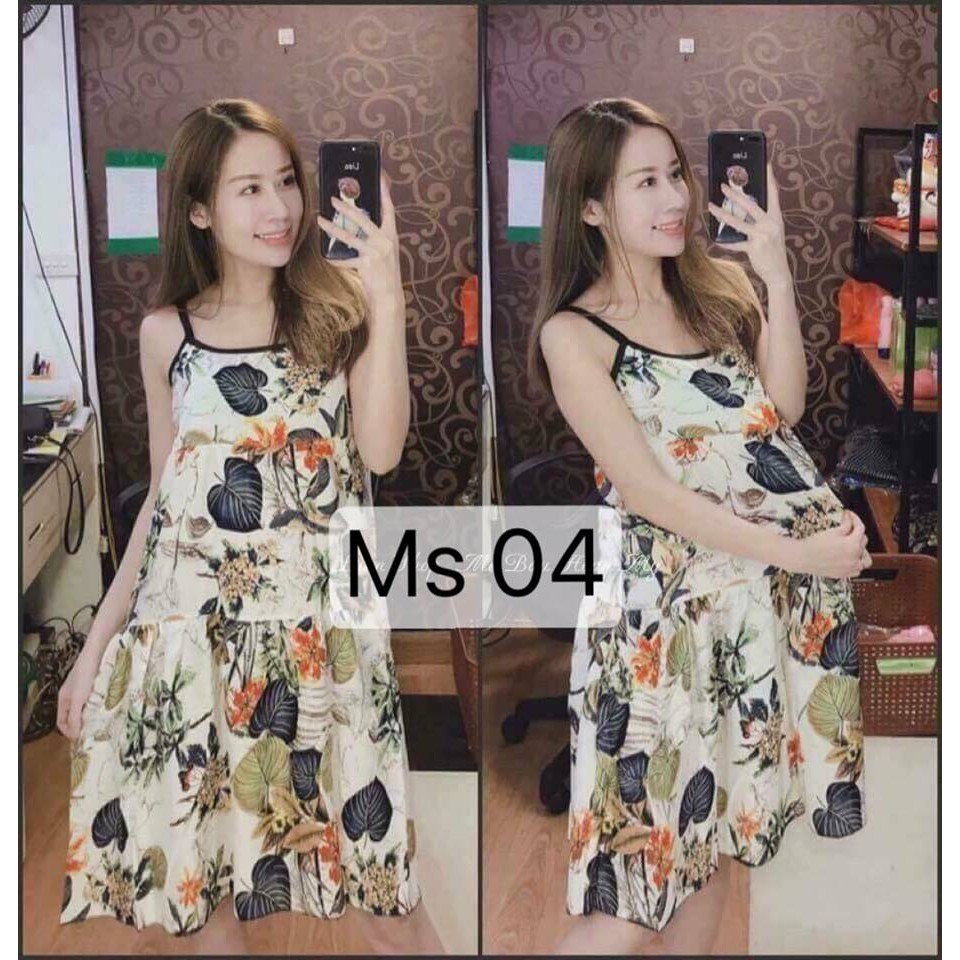 Váy bầu 2 dây Lanh Thái đẹp cao cấp Siêu mát (Mặc Bầu và Sau Sinh)