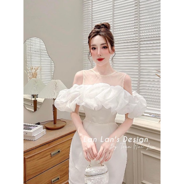 Đầm trắng voan tay dài rớt vai xinh GB22102