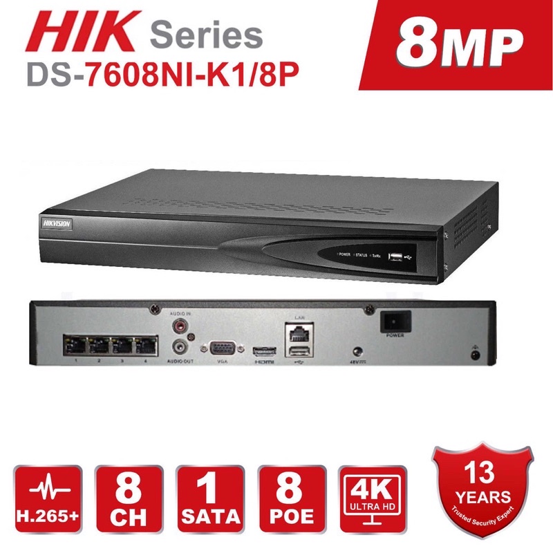 Đầu ghi hình IP 8 kênh POE HIKVISION 7608NIK1/8P(B) (chính hãng Hikvision Việt Nam)