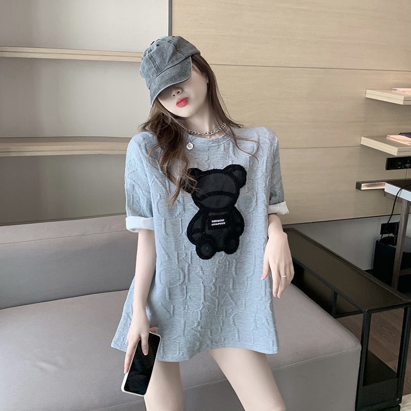 Áo thun tay ngắn dáng rộng in họa tiết hoạt hình gấu dễ phối đồ thời trang mùa hè phong cách Hàn Quốc 2021