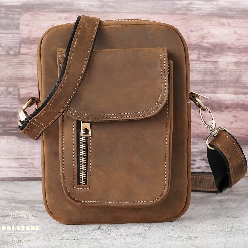 Túi đeo chéo da bò nguyên miếng Handmade, Túi bao tử nam nữ da bò sáp ngựa điên BH da 10 năm - Bụi Store