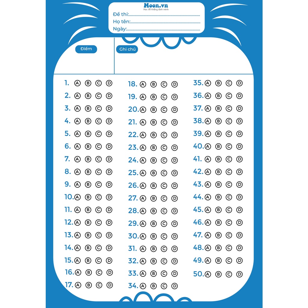 Phiếu trắc nghiệm MoonBook chuẩn cấu trúc thi THPT quốc gia