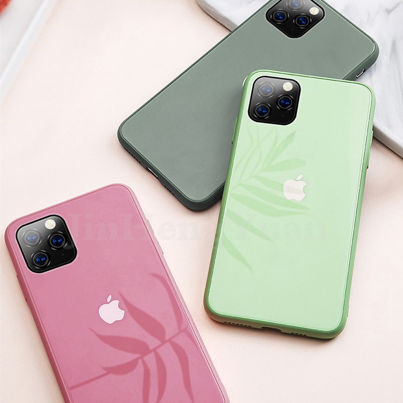 Ốp điện thoại kính cường lực màu kẹo viền silicone cho IPhone 6 6s 7 8 Plus X XS MAX XR 11 PRO Promax