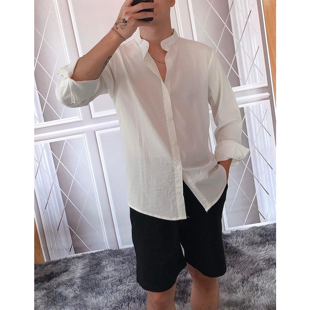 Áo sơ mi trắng đũi nam dài tay cổ tàu, dáng hàn chất đũi thoáng mát trẻ trung đi chơi đi biển du lịch