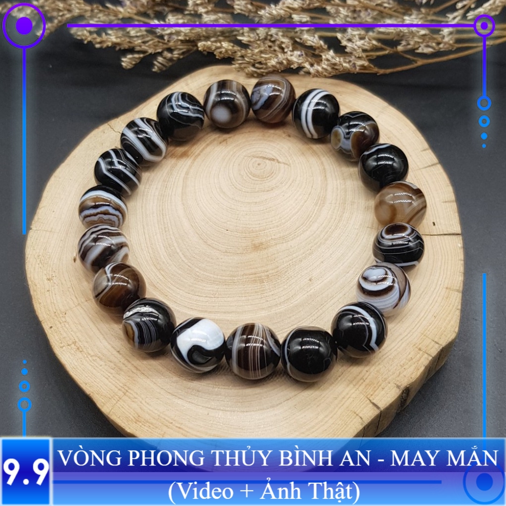 Vòng tay Phong thủy Đen vân sọc may mắn, tài lộc, bình an phù hợp Nam Nữ Mệnh Thủy, Kim - Đủ size 8,10,12 ly (mm)
