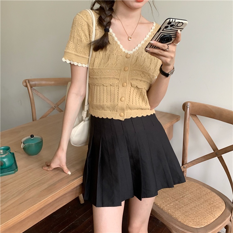 Áo dệt kim SUXI ngắn tay màu trơn phong cách vintage đơn giản thời trang mùa hè