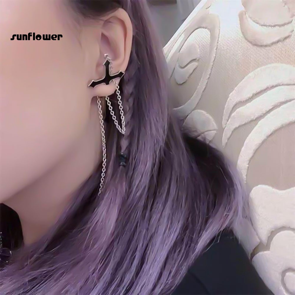 1 Khuyên Tai Xỏ Sụn Dạng Mắc Xích Dài Hình Thánh Giá Phong Cách Punk Unisex