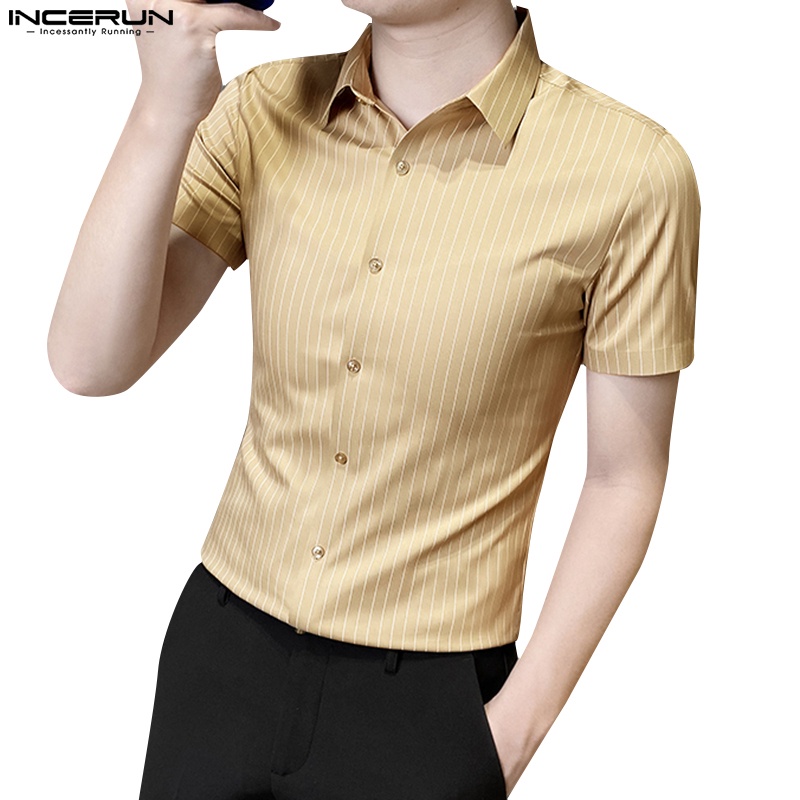 INCERUN Áo Sơ Mi Ngắn Tay Họa Tiết Kẻ Sọc Cài Nút Thời Trang Mùa Hè Cho Nam