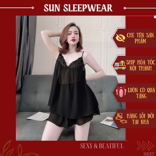 Bộ Đồ Ngủ 2 Dây 😘SEXY😘 Áo Phối Ren Ngực Quần Giả Váy Siêu Đẹp Chiffon Cao Cấp, Mềm Mát, From Dáng Chuẩn < 75kg- Sun Shop
