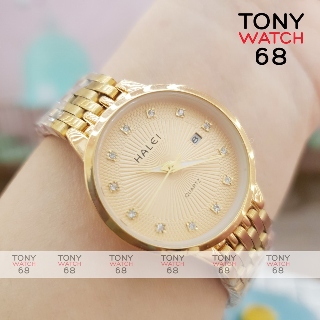 Đồng hồ nữ Halei dây kim loại mạ vàng mặt số ngọc có lịch chống nước chính hãng Tony Watch 68