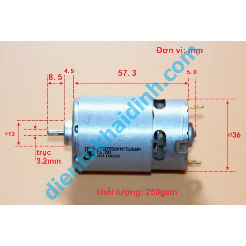ĐỘNG CƠ DC 550 JB JBSD550PM7526WN 12Vdc 1.5A 17474V/P trục 3.2mm, CHẠY SIÊU NHANH kde4974