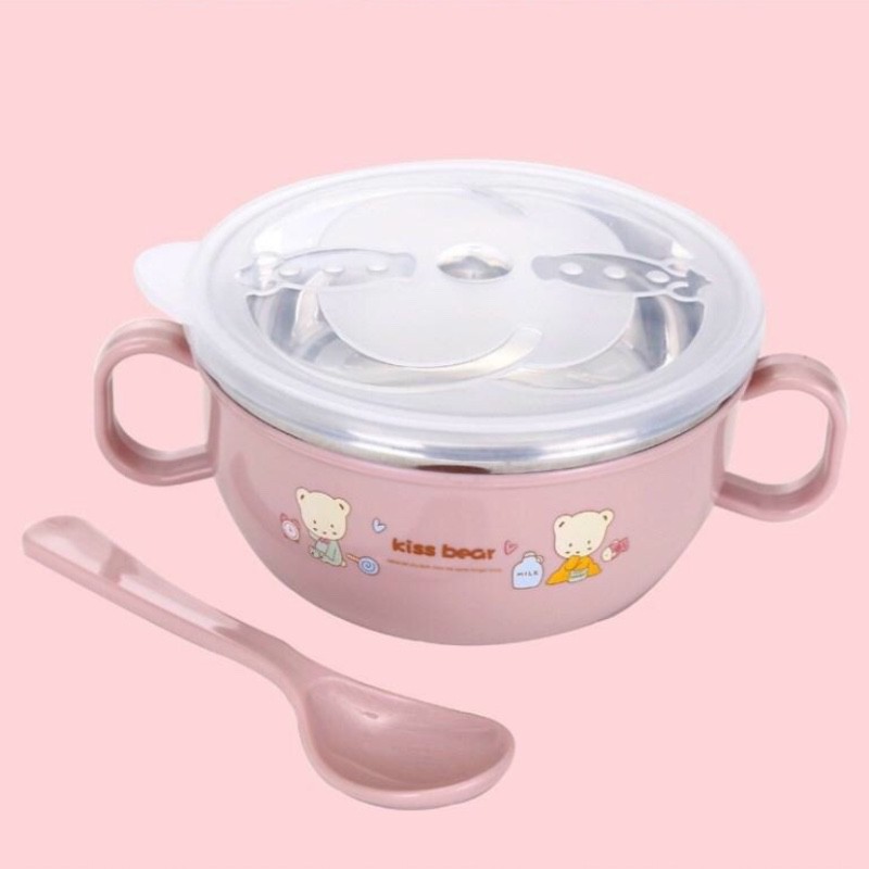 bát ăn dặm inox có nắp kèm thìa nhựa giữ nhiệt kissBear cho bé