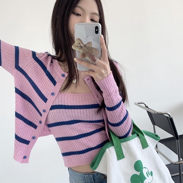 Set áo cardigan tay dài + áo hai dây ZHELIHANGFEI dệt kim họa tiết kẻ sọc gợi cảm dễ phối đồ cho nữ