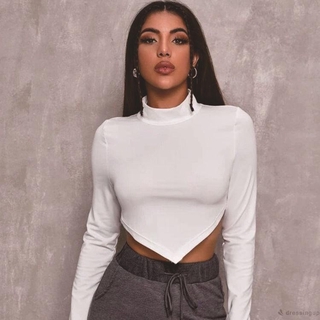 Áo Thun Croptop Tay Dài Cổ Cao Màu Trơn Thiết Kế Độc Đáo Cá Tính Cho Nữ