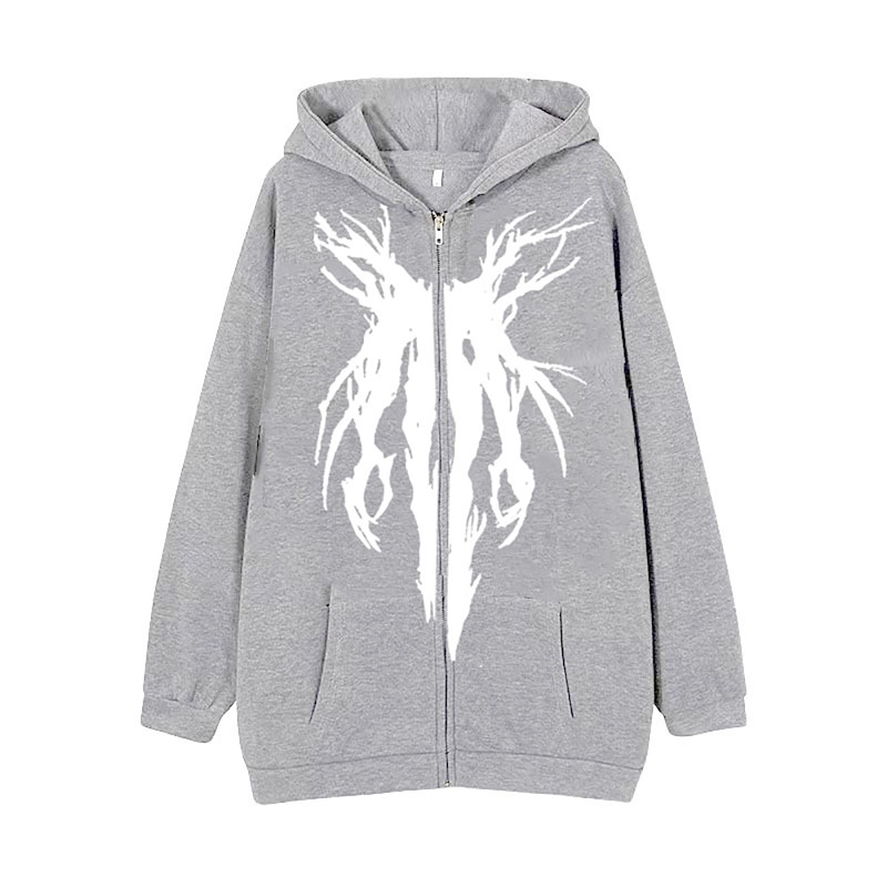 Brroa Áo Khoác Hoodie Dáng Rộng Có Khóa Kéo In Họa Tiết Phong Cách Punk Gothic Harajuku Dành Cho Nam Nữ
