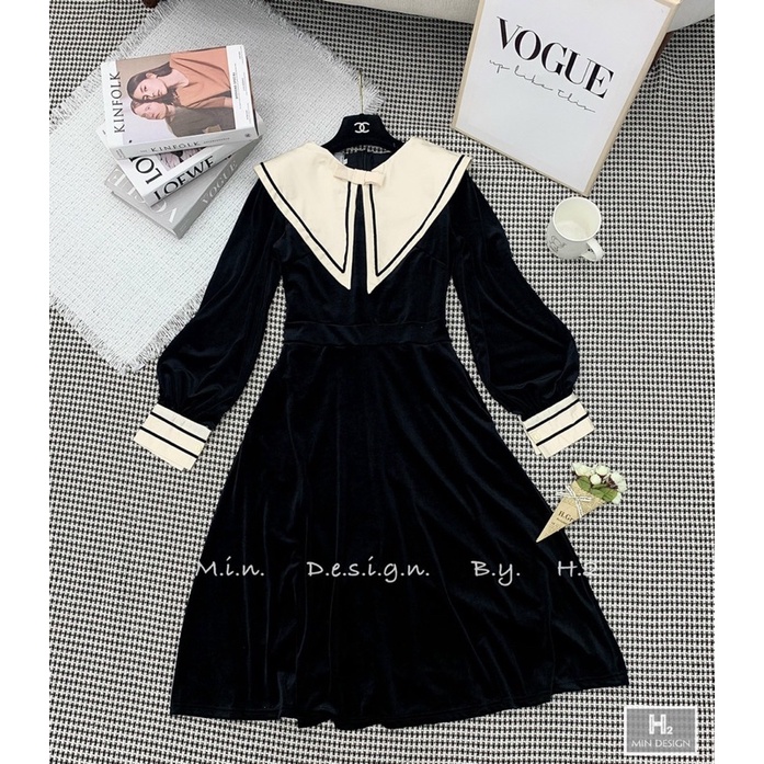 Váy dài tiểu thư nhung thiết kế cổ vát nhọn phối tay