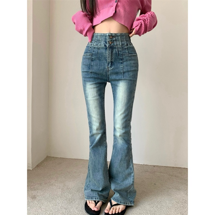 Bộ Áo Dệt Kim Dài Tay + Quần Denim Lưng Cao Thời Trang Dành Cho Nữ