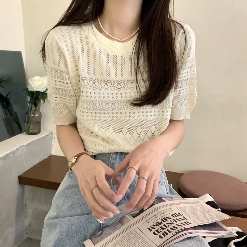 [Hana And Alice] Áo Len Móc Tay Ngắn Dễ Phối Đồ Hợp Thời Trang
