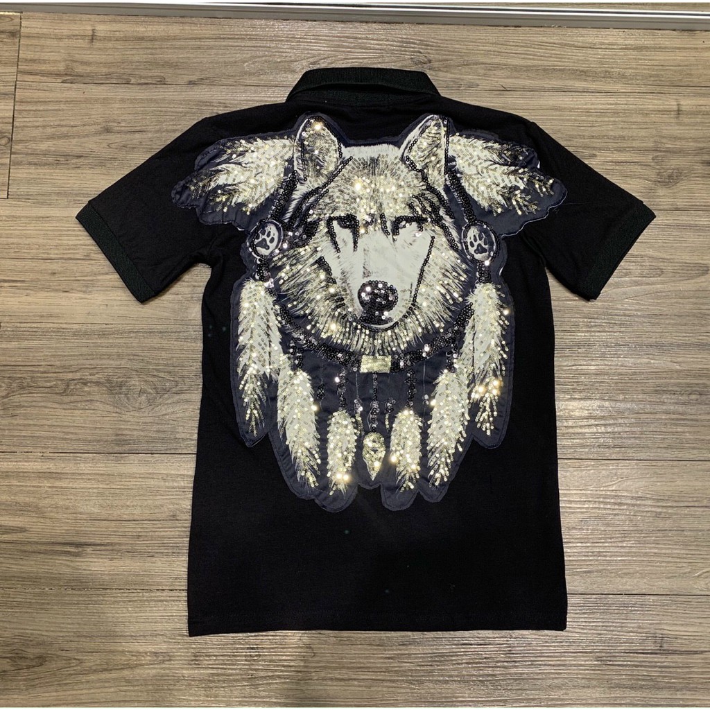 Áo thun nam cổ trụ đính kim sa_áo thun nam cổ bẻ đính đá thêu sói siêu hót (chất liệu cotton 100%) | BigBuy360 - bigbuy360.vn