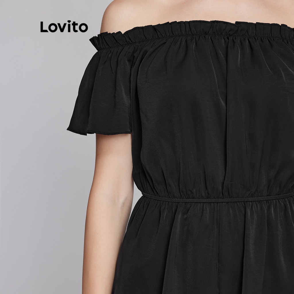 Áo liền quần Lovito phong cách boho màu trơn trễ vai eo co giãn diềm xếp nếp L26LD081 (màu đen)