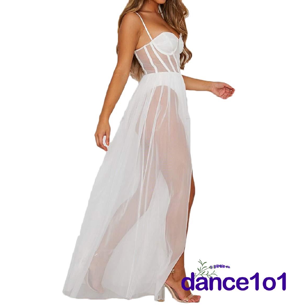 Đầm dài hai dây chất vải xuyên thấu phong cách quyến rũ