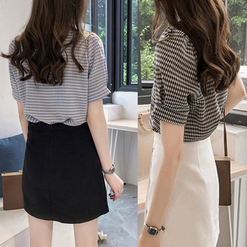 Sale 69% Áo sơ mi nữ tay ngắn cổ chữ V phối nút, blue-2XL Giá gốc 155000đ- 116B30-1