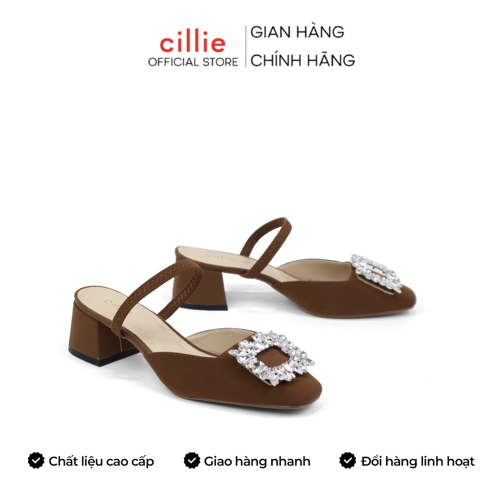 Giày sục nữ mũi vuông đính đá thời trang da nhung lộn trang trọng đế vuông cao 3cm đi làm đi chơi Cillie 1088