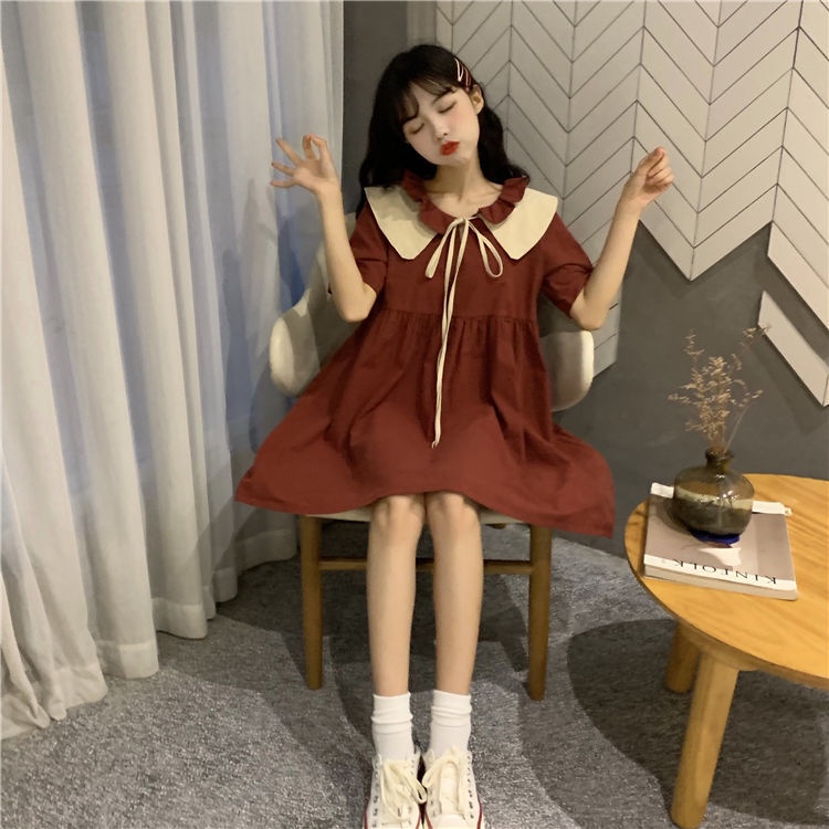 Đầm Chữ A Tay Ngắn Cổ Peter Pan Cột Dây Dáng Rộng Thiết Kế Mới Thời Trang Cho Sinh Viên