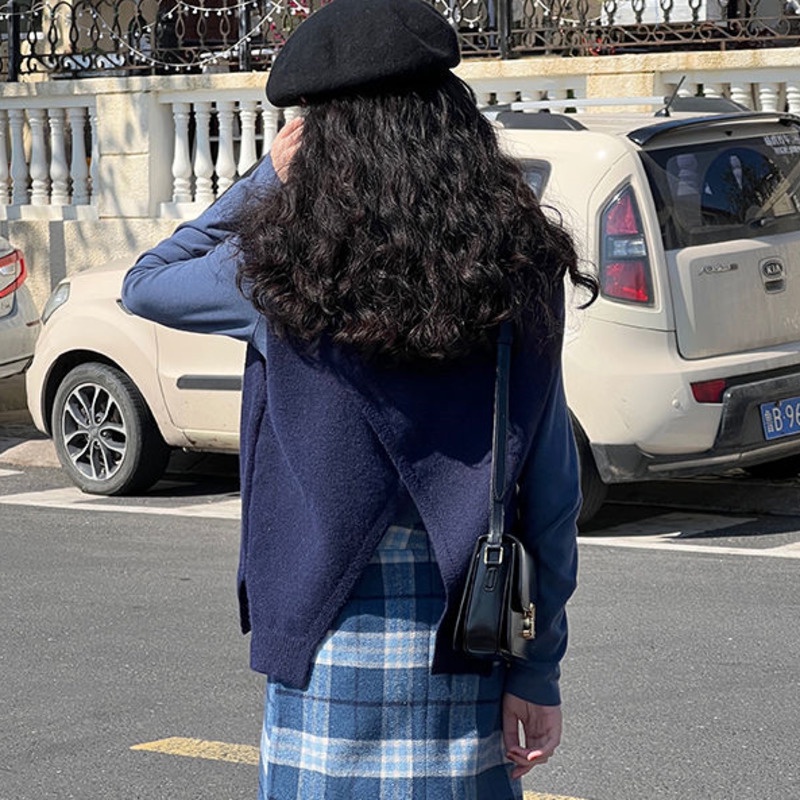 Áo Sweater Dệt Kim Sát Nách Cổ Chữ v Xẻ Tà Kiểu Retro Hàn Quốc