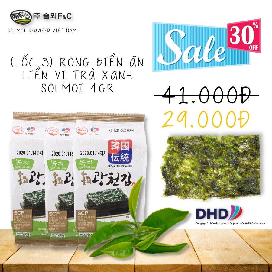 Lốc 3 gói Rong biển nướng ăn liền vị trà xanh Solmoi Hàn Quốc 4gr