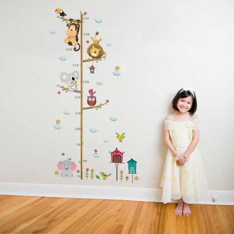 Decal dán tường trang trí đo chiều cao trẻ em hình thú vật hoạt hình DIY cho nhà trẻ và phòng trẻ em DIY