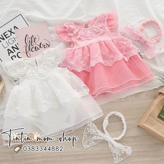 Sét váy công chúa cho bé gái đầy tháng, thôi nôi - Set váy cánh tiên cổ thêu kèm turban xinh xắn cho bé gái
