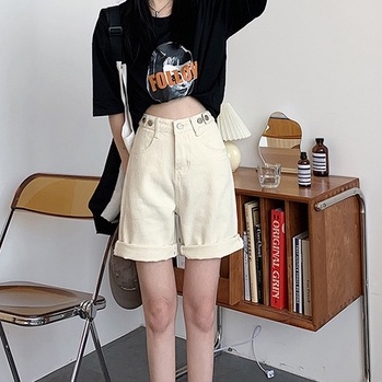 Quần short jean nữ lưng cao ống rộng đai nút chỉnh eo ADO JEANS (SJ1204)