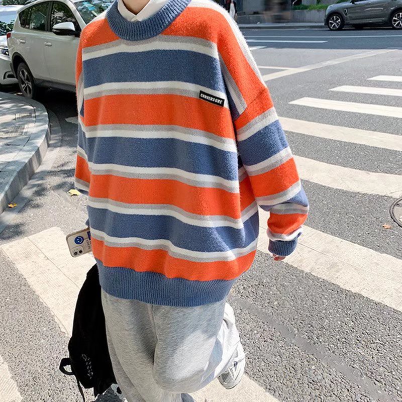 Áo sweater dệt kim kẻ sọc phong cách retro cho nam size M-2XL