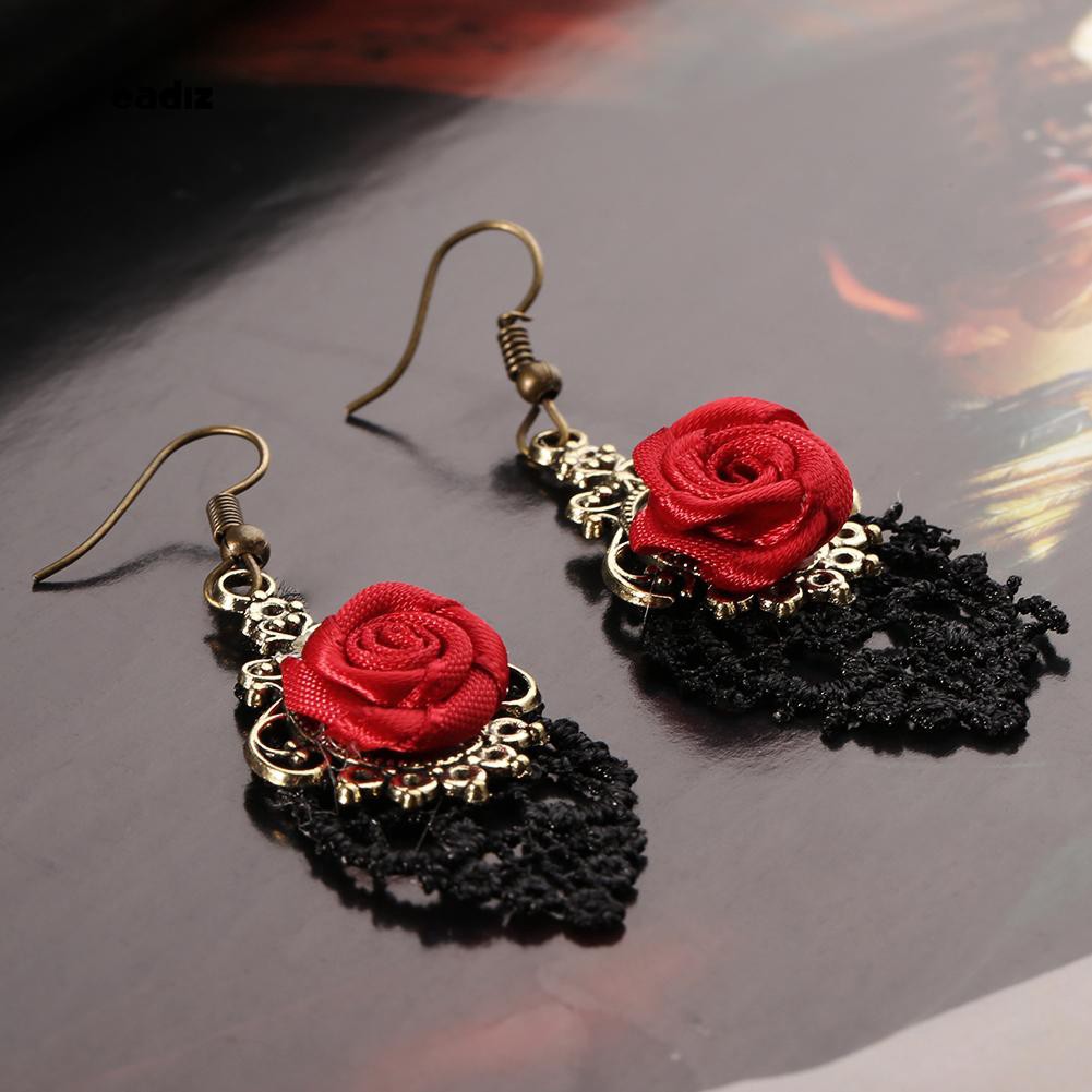 Khuyên tai hoa hồng phối ren vintage cho nữ
