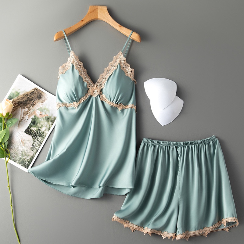 Bộ đồ ngủ vải lụa lạnh phối ren có đệm ngực thiết kế quyến rũ thời trang mùa hè dành cho nữ
