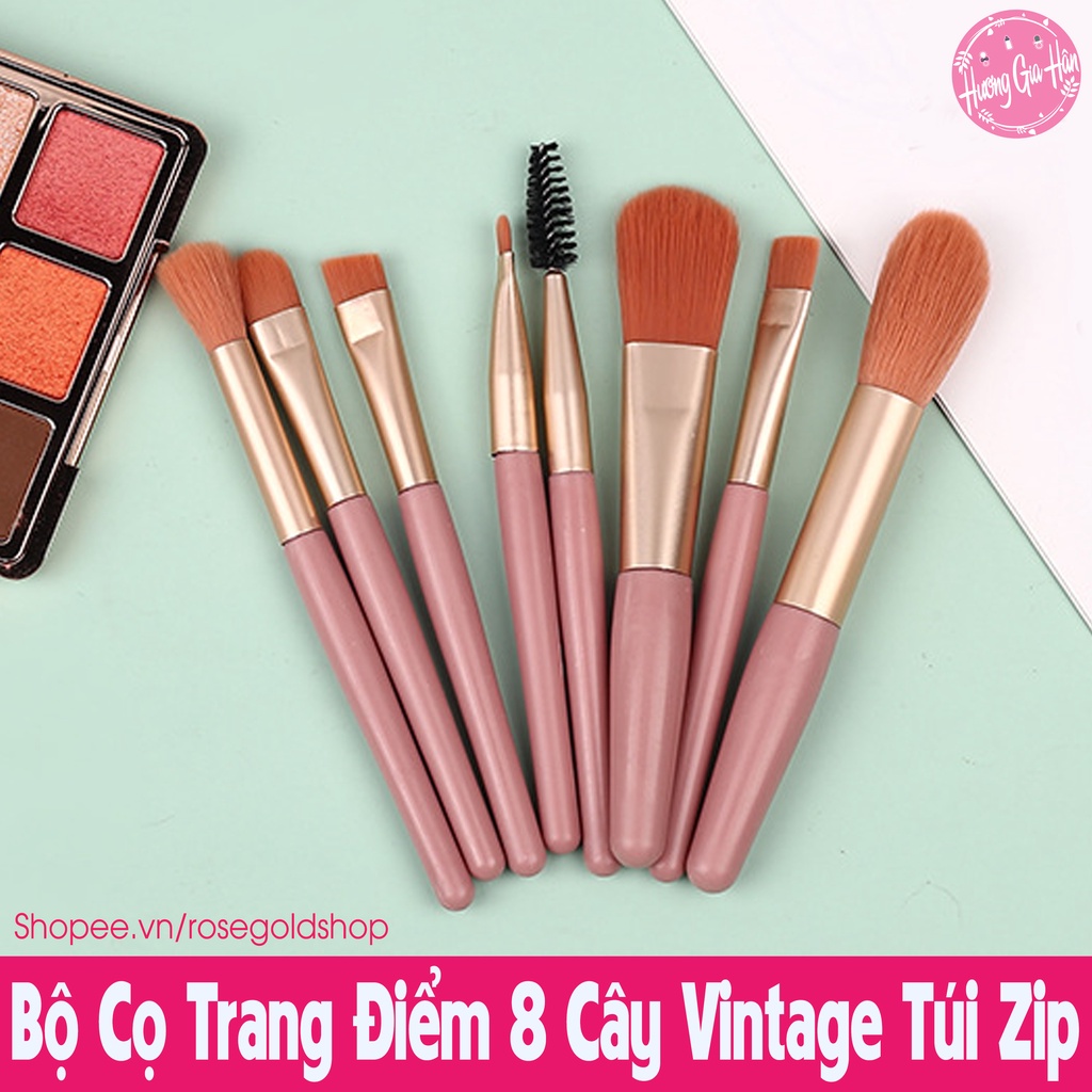 Bộ Cọ Trang Điểm 8 Cây Vintage Siêu Cute Trong Túi Zip