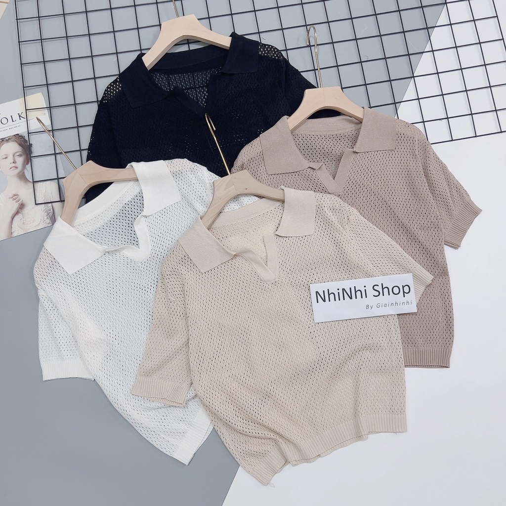 Áo polo len lỗ thưa màu trắng, Áo kiểu len cổ bẻ ngắn tay bo chun AL1379 - NhiNhi Shop