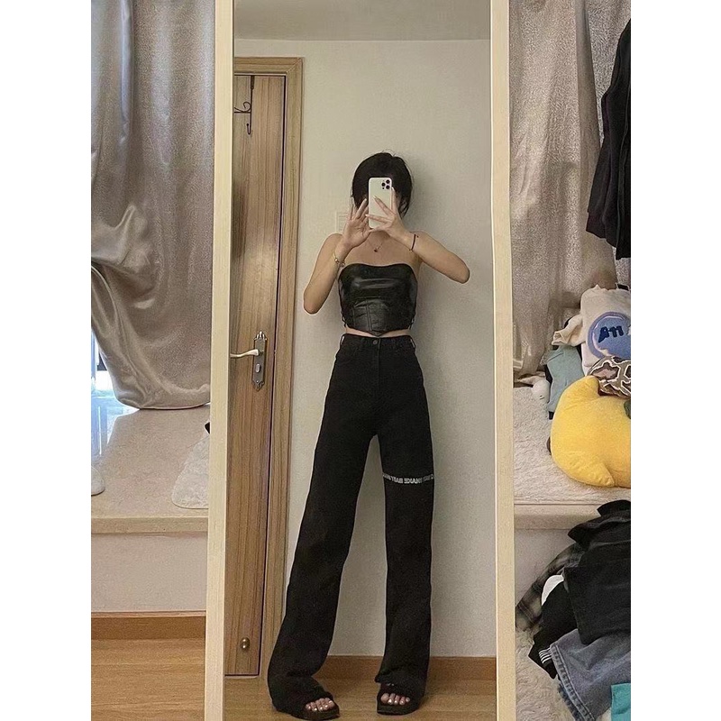 20121 new autumn and summer black Harajuku style high waist straight slimming letter printed stretch pants jeans for women OSps