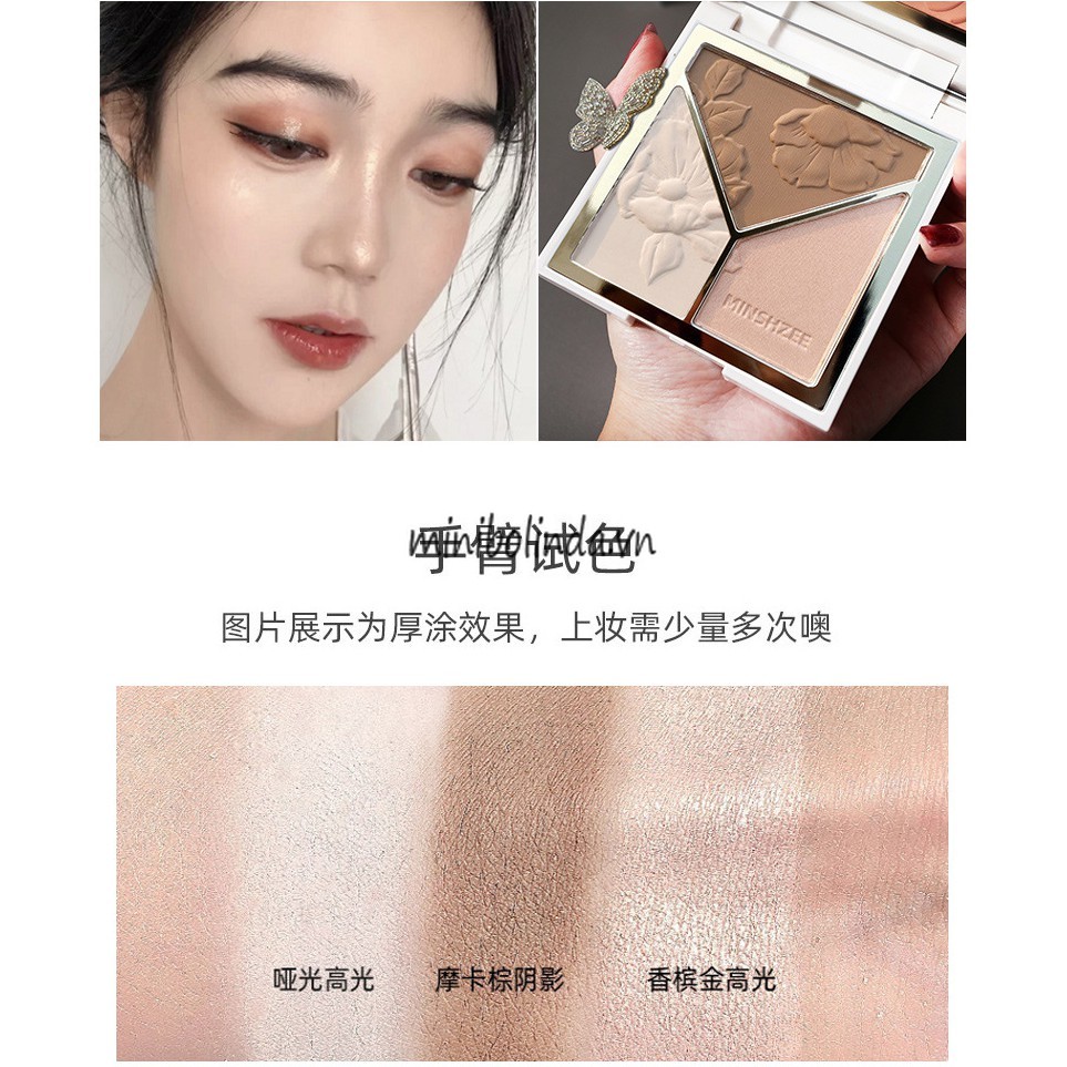 MINSHZEE Phấn highlight + tạo khối + má hồng Phấn Tạo Khối 3 Màu Tricolor Sculpting Powder