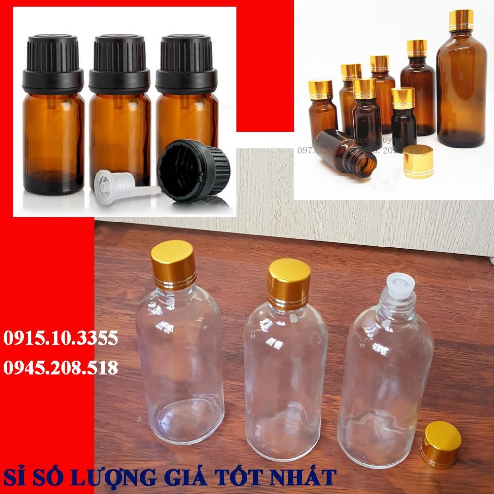 20 vỏ Chai thủy tinh ( chai nâu + nắp đen + nhỏ giọt) : 10ml 30ml
