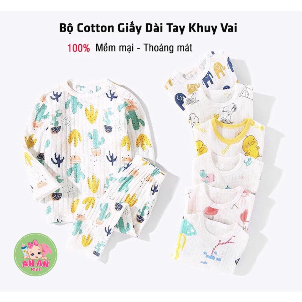 (HÀNG ĐẸP) Bộ Cotton Giấy Dài tay Khuy vai cho bé từ 4-14kg, Bộ đồ cotton giấy dài tay 4 mùa