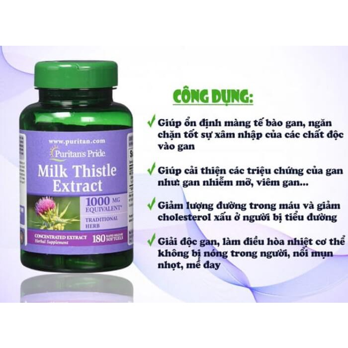 Viên uống Cao kế sữa bổ gan, thải độc gan Puritan's Pride Milk Thistle Extract 1000mg Silymarin 90v 180 viên của Mỹ